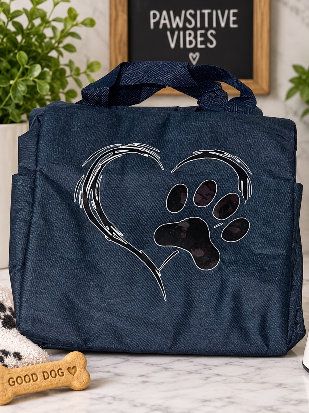 Navy Pet Travel Tote Bag with Paw Heart Design